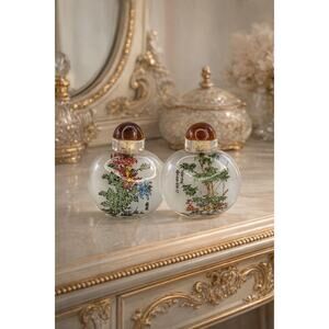 Vintage Chinese Inside Painted Glass Snuff Bottles Set of 2 Bamboo Floral